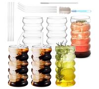 Oungy Lot de 6 verres à bulles nervurés de 450 ml avec pailles en verre, verres à café glacé avec pinceau, verre à bulles, verres à café, verres à bulles striés pour eau, boisson, jus