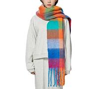 OUNIYA Grande écharpe à carreaux colorés surdimensionnés en laine de cachemire douce épaisse couverture chaude d'hiver pour femme, Arc-en-ciel, Large