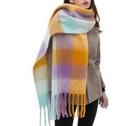 OUNIYA Grande écharpe à carreaux colorés surdimensionnés en laine de cachemire douce épaisse couverture chaude d'hiver pour femme, Violet/jaune., Large