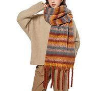 OUNIYA Grande écharpe à carreaux colorés surdimensionnés en laine de cachemire douce épaisse couverture chaude d'hiver pour femme, Bande marron bleue, Large