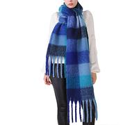 OUNIYA Grande écharpe à carreaux colorés surdimensionnés épais et doux en laine cachemire pour l'hiver chaud pour femme, Bleu à carreaux, Large