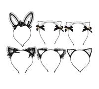 OUNONA Lot de 6 serre-têtes oreilles de chat en dentelle avec clochette et nœud, parfaits pour un déguisement de soubrette, Noël ou une séance photo années 70.
