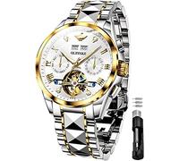 OUPINKE Montre automatique pour homme avec cadran argenté, mouvement tourbillon, cristal saphir, étanche, lumineuse, affichage du mois et de l'année, bracelet blanc, blanc, Mécanique