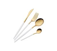 OUQIWEN 16 Pièces Couvert Or et Blanc, Ensemble de Couverts avec poignées Blanc, 4 personnes Couteau Fourchette Cuillère