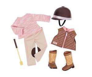 Our Generation - BD30326Z - Tenue Deluxe - Equitation Rose | Comprend 7 pièces au total : casque, pull, veste, pantalon, bottes et cravache, pour poupée de 46 cm, Idée cadeau, 5 ans et +