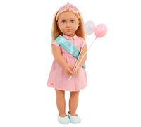 Our Generation Poupée d'anniversaire de 46 cm et Accessoires - Yeux Bleus réalistes et Cheveux blonds foncés - Robe de fête, écharpe et Ballons - Jeu de rôle - Jouet pour Enfants à partir de 3 Ans -