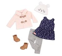 Our Generation Cheerfully Chilly, Tenue Duffle Coat pour poupées | Comprend 1 manteau, 1 robe, 1 paire de leggings, 1 paire de bottes et 1 tuque; pour poupées de 46 cm; 3 ans et +