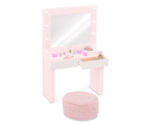 Our Generation - Coiffeuse Glam & Glow pour poupées de 46 cm | Comprend 15 pièces au total : coiffeuse rose à miroir lumineux, 2 tiroirs, pouf et accessoires, Idée cadeau, 5 ans et +