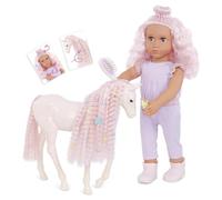 Our Generation Elara et Lumina, poupée et Poulain à Cheveux Roses | Poupée de 46 cm et poulain avec cheveux roses assortis, brosse, 12 perles, 2 pinces papillon, 2 cartes, 5 ans et +