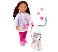 Our Generation - Estella - Ensemble poupée et Chiot de 46 cm - Yeux Bruns foncés et Cheveux Bruns foncés ondulés réalistes - Peluche Chien Husky & Accessoires - Jouer à Faire Semblant - 3 Ans et +