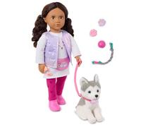 Our Generation - Ensemble poupée et Chiot de 46 cm - Yeux Bruns foncés et Cheveux Bruns foncés ondulés réalistes - Peluche Chien Husky & Accessoires - Jouer à Faire Semblant - 3 Ans et +