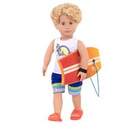 Our Generation BD31197Z Gabe, Poupée Surfer Boy avec Planche de Surf, crème, Bleu, Orange, Bleu