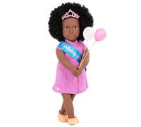 Our Generation - Kehlani - Poupée d'anniversaire de 46 cm - Yeux Bruns et Cheveux Noirs bouclés réalistes - Robe Rose et Accessoires de fête - Jouer à Faire Semblant - 3 Ans et +