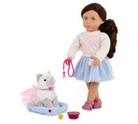 Our Generation Mindy et Pepper, poupée avec Chaton de 46 cm, Mindy & Pepper | Comprend 14 pièces au total : poupée 46 cm, chaton en peluche 15 cm, lit, laisse, collier et tenue à changer, 5 ans et +