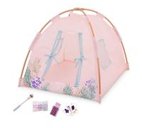 Our Generation - Nuits de Camping - Tente de poupée pour 46 cm | Tente rose à motif floral avec 2 fenêtres, 13 pièces de montage, guimauves, brochette et jeu de cartes, 3 ans et +