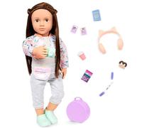 Our Generation - Poupée de 46 cm, à Poser - Yeux Bruns et Longs Cheveux Bruns réalistes - Bagages à Main et Accessoires de Voyage - Jouer à Faire Semblant - 3 Ans et +