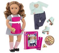 Our Generation Poupée de 46 cm - Cheveux Bruns - Tablier de Cuisine, Pizza et Accessoires de Cuisine - Patins à roulettes et deuxième Tenue - Jouet pour Enfants à partir de 3 Ans - Isa