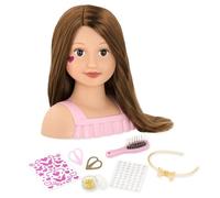 Our Generation - Tête de stylisme pour poupée - Cheveux Bruns et Yeux Bruns - Autocollants et Accessoires de décoration pour Cheveux - Jouer à Faire Semblant - 3 Ans et +