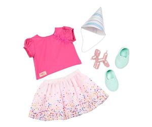 Our Generation Vêtements pour poupées de 46 cm, C’est l’Heure de la fête | Comprend 6 pièces au total : haut rose, jupe à confettis, chapeau de fête, paire de chaussures et ballon caniche, 3 ans et +