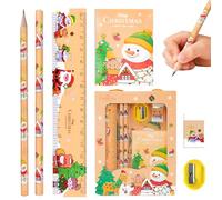 Ourdort 6pcs Ensemble de Papeterie de Noël, Cadeau de Papeterie Noël | avec 2 Crayon à Papier, Règles, Gomme, Taille-Crayon, Petits Blocs-Notes, Boîte Cadeau à Crayons
