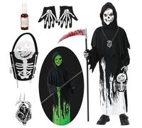Ourdort Costume de faucheuse d'Halloween, lumineux, costume de squelette d'Halloween pour enfants, pour décoration cosplay, avec une sensation effrayante de la faucheuse et des gants squelettiques