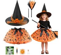 Ourdort Déguisement de sorcière d'Halloween pour enfant, robe de sorcière avec chapeau, balai, autocollants, paillettes fluorescentes et mini-bouteillespour Halloween, spectacle et cosplay