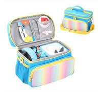 OURHZTB Étui de transport compatible avec lecteur audio Toniebox 2/1 - Sac de rangement de voyage pour lecteur audio - Poches de rangement pour cartes de chargeur, accessoires de casque, Bleu + jaune