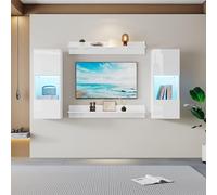 OurLeeme Lot de 4 étagères murales LED et 2 étagères - Finition brillante - Portes en verre trempé - Pour meuble TV compatible TV - Éclairage contrôlé par application intelligente - Blanc