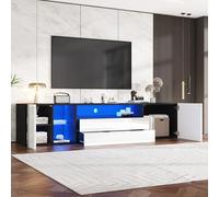 OurLeeme Meuble TV bas LED brillant avec 2 portes et 2 tiroirs pour TV jusqu'à 75 pouces pour salon, chambre à coucher, salle à manger, noir et blanc, 180 x 40 x 45 cm