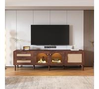 OurLeeme Meuble TV de salon avec 2 tiroirs en rotin, 2 portes incurvées en verre et 1 porte en rotin, éclairage LED, marron naturel, 180 x 40 x 50 cm