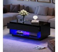 OurLeeme Table basse haute brillance, canapé de rangement à thé moderne avec éclairage LED, 2 tiroirs, déflecteur en verre trempé pour meubles de salon, 100 x 50 x 40 cm, noir