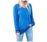 Ourlet en dentelle pour femme avec manches longues, col rond solide, hauts simples, chemisiers d'été pour femmes, bleu, 5XL