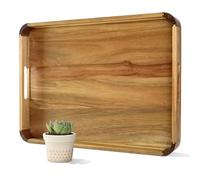 OurMiao Grand plateau de service rectangulaire en bois d'acacia de 55,9 cm avec poignées, belle décoration d'intérieur pour salon, table basse, canapé, taille idéale pour servir des aliments, le