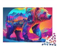 Ours Brun 1000 pièces Puzzle pour Adultes, Double Exposition d'ours psychédélique avec Coucher de Soleil en Montagne, Haute qualité épais Robuste Difficile Anti-Stress Cadeau Familial 70x50cm/1000pcs