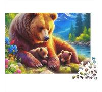 Ours Brun 1000 pièces Puzzle pour Adultes, Maman Ours avec oursons près d'une rivière, épais Robuste Haute qualité Difficile Anti-Stress Jeu Familial Cadeau 52x38cm/1000pcs