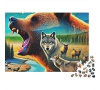 Ours Brun Premium 1000 pièces Puzzle pour Adultes, Double Exposition d'ours avec Loup et Wapiti, épais Robuste Haute qualité Vibrant Difficile Anti-Stress Jeu 70x50cm/1000pcs