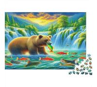 Ours Brun Sauvage Saumon Rivière Puzzle 1000 Pièces Papier pour Adultes Paysage Cascade Jeu de Puzzle 1000 Pièces Détente Concentration Famille Décor Cadeau 70x50cm/1000pcs