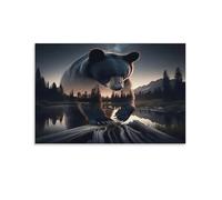 Ours dans la forêt nuit Pièce Unique Silhouette de la forêt du lac à double exposition Décor Art Murale Décoration Murale En Toile Pour Cuisine Art Mural Amovible Pièce Déclarative 16x24inch(40x60cm)