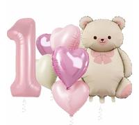 Ours - Décoration d'anniversaire 1 an - Ballons en forme de chiffre 1 - Ballon avec cœur - Ours en aluminium - Décoration pour 1er anniversaire (rose 1)