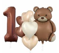 Ours - Décoration d'anniversaire 1 an - Ballons en forme de chiffre 1 - Ballon avec cœur - Ours en aluminium - Décoration pour 1er anniversaire d'enfant garçon et fille (marron 1)