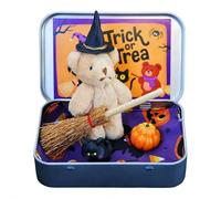 Ours d'Halloween dans une boîte pour faire des tours ou des friandises, mini ours mignon fait à la main dans une boîte avec décorations en forme de citrouille et de chat, boîte surprise pour demander