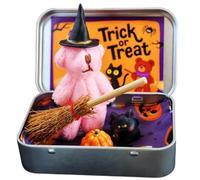 Ours d'Halloween dans une boîte pour faire des tours ou des friandises, petit ours de sorcière fait à la main dans une boîte, décoration de bureau, accessoires de bureau attentionnés (rose)