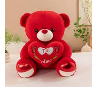 Ours en peluche avec cœur rouge - I Love You - 30 cm - Peluche avec amour - Ours en peluche doux - Cadeau de Saint-Valentin pour femme, petite amie, épouse (rouge)