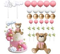 Ours en Peluche Decoration Gateau Anniversaire, 33 Pièces Ours Gâteau Décoration Teddy Bear avec Boule Decoration Gateau Nuage Étoiles Cake Topper, Décoration de Gâteau pour Enfant Fille Garçon