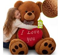 Ours en peluche MONZANA® brun XXL 150cm Teddybear Nounours et son coussin coeur rouge ""I love you""