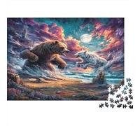 Ours et Loup affrontent sur la côte éclairée de Lune Jigsaw, 1000 Pièces Jeux Éducatifs, Faune Sauvage Décoration De Maison, Puzzle Défiant, Idéal en Cadeau 38x26cm/1000pcs
