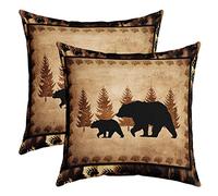 Ours Lot De 2 Taie d'oreiller 45x45cm Wild Animaux Taie Oreiller pour Canapé Village Cabin Pays Nature Animaux Sauvages Ours Arbres Jaune Brun Décor Housse Coussin Extérieur Housse de Coussin