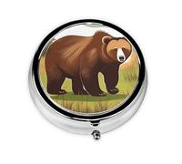 Ours marron marchant : cette petite boîte à pilules ronde est un organisateur de médicaments de voyage portable avec trois compartiments pour ranger les médicaments quotidiens.