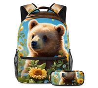 Ours mignon et fleur boostez votre jeu de rentrée scolaire, sac à dos avec trousse à crayons, ensemble de 2 pièces, indispensable pour les étudiants, multicolore, B：29.4x20x40cm P：19x7.5x3.8cm, Sacs