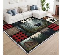 Ours Noir Forêt Pins Brumeuse Tapis Salon 180x240cm, Lavable Moquette | Tapis de Salon Antidérapant à Poil Ras, Cabane Rustique Doux Tapis Chambre Adulte pour Salle à Manger Couloir